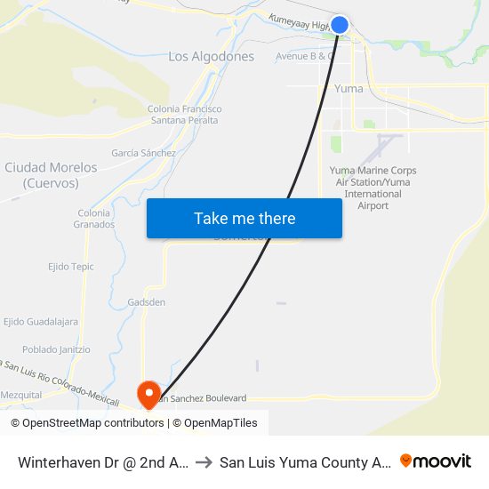 Winterhaven Dr @ 2nd Avenue to San Luis Yuma County AZ USA map