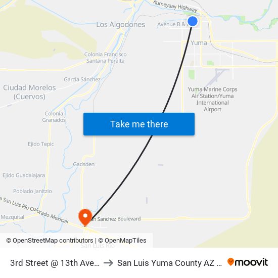 3rd Street @ 13th Avenue to San Luis Yuma County AZ USA map