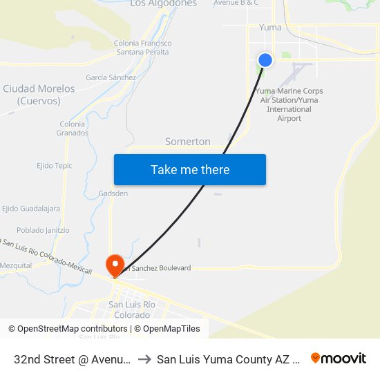 32nd Street @ Avenue A to San Luis Yuma County AZ USA map