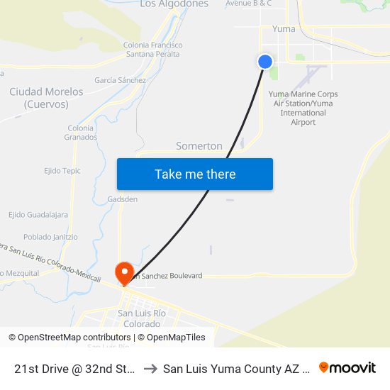 21st Drive @ 32nd Street to San Luis Yuma County AZ USA map