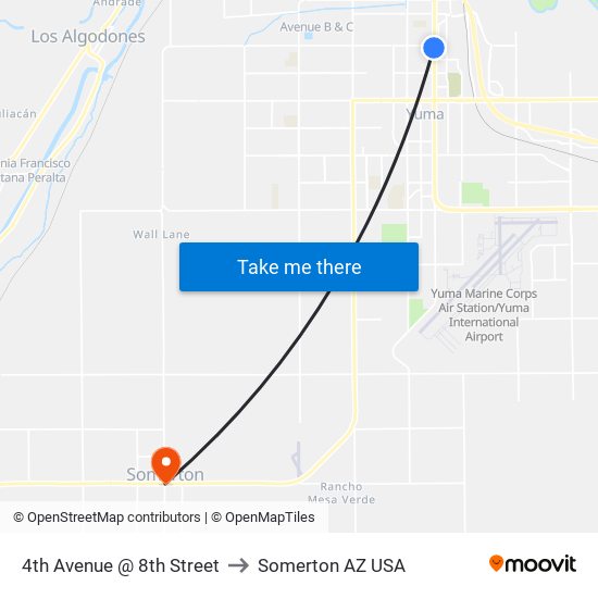 4th Avenue @ 8th Street to Somerton AZ USA map