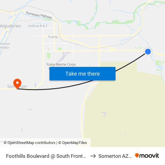 Foothills Boulevard @ South Frontage Road to Somerton AZ USA map