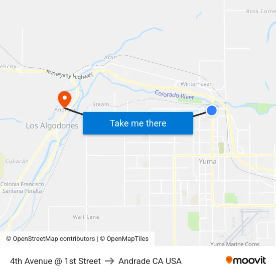 4th Avenue @ 1st Street to Andrade CA USA map