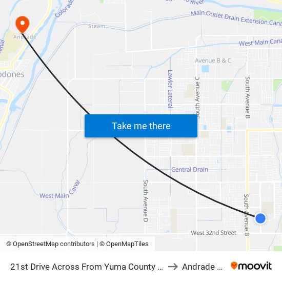 21st Drive Across From Yuma County Library Main Branch to Andrade CA USA map