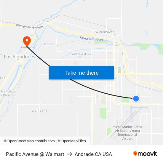 Pacific Avenue @ Walmart to Andrade CA USA map