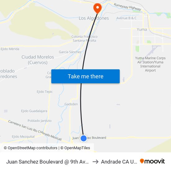 Juan Sanchez Boulevard @ 9th Avenue to Andrade CA USA map
