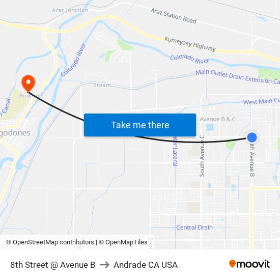 8th Street @ Avenue B to Andrade CA USA map