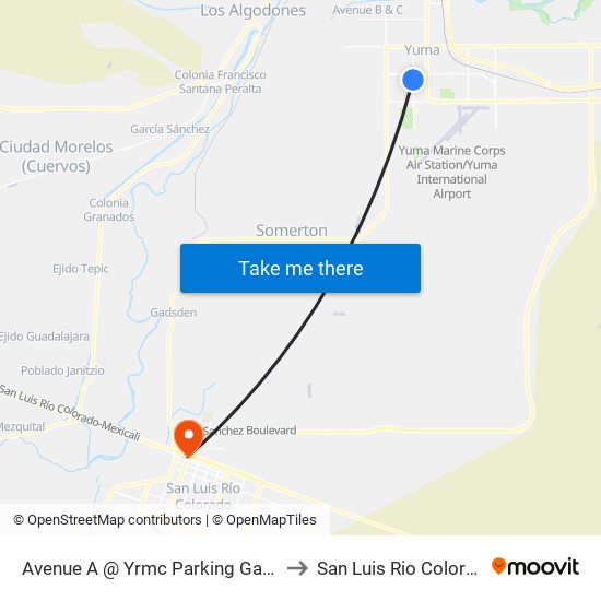 Avenue A @ Yrmc Parking Garage to San Luis Rio Colorado map