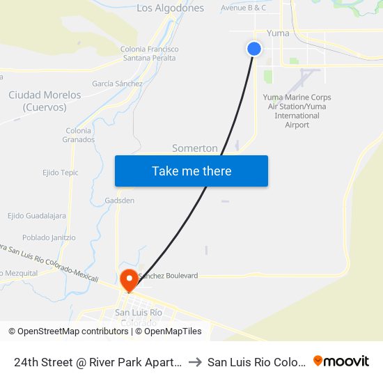 24th Street @ River Park Apartments to San Luis Rio Colorado map