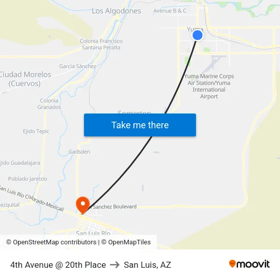 4th Avenue @ 20th Place to San Luis, AZ map