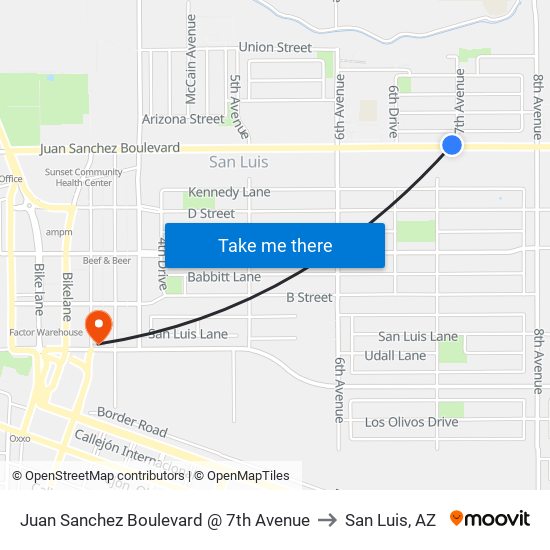 Juan Sanchez Boulevard @ 7th Avenue to San Luis, AZ map