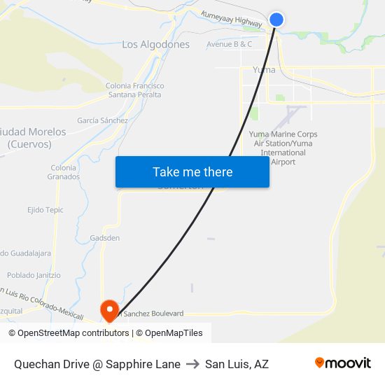 Quechan Drive @ Sapphire Lane to San Luis, AZ map