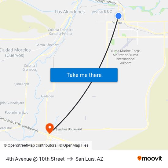 4th Avenue @ 10th Street to San Luis, AZ map