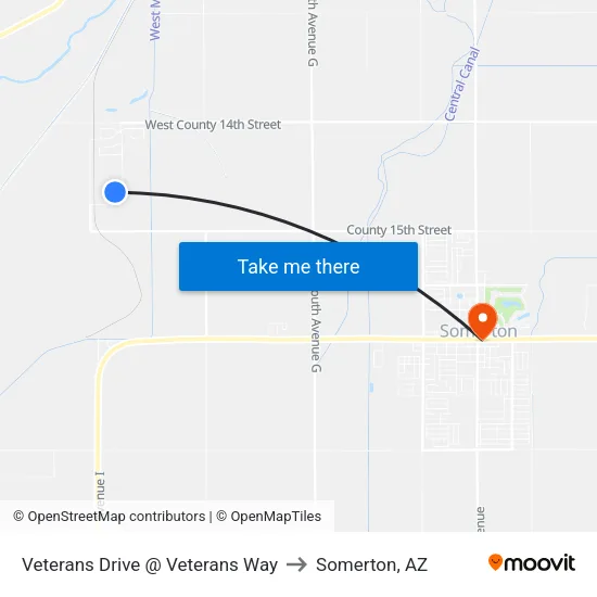 Veterans Drive @ Veterans Way to Somerton, AZ map