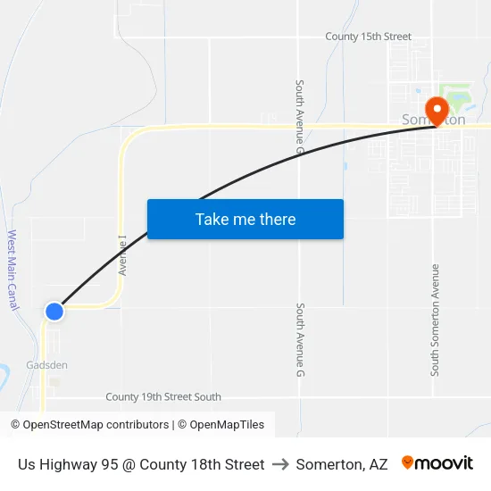 Us Highway 95 @ County 18th Street to Somerton, AZ map