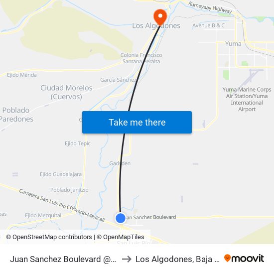 Juan Sanchez Boulevard @ Main Street to Los Algodones, Baja California map