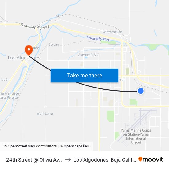 24th Street @ Olivia Avenue to Los Algodones, Baja California map