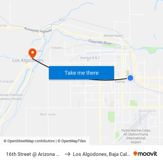 16th Street @ Arizona Avenue to Los Algodones, Baja California map