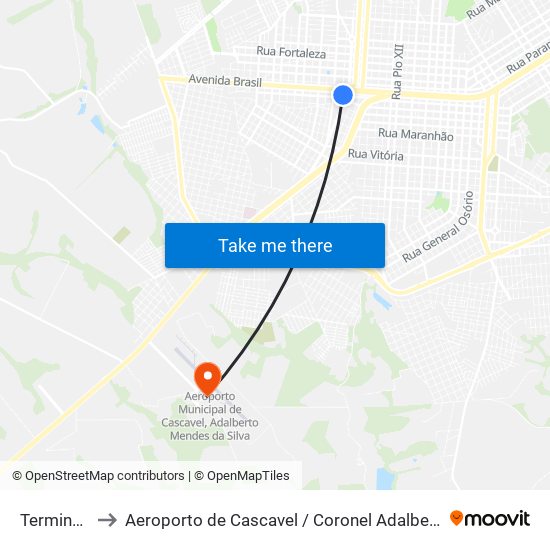 Terminal Urbano Oeste to Aeroporto de Cascavel / Coronel Adalberto Mendes da Silva (CAC) (Aeroporto de Cascavel / Coronel Ad map