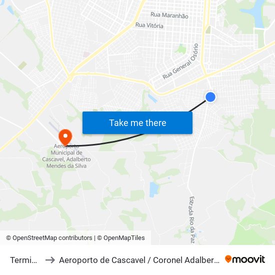 Terminal Urbano Sul to Aeroporto de Cascavel / Coronel Adalberto Mendes da Silva (CAC) (Aeroporto de Cascavel / Coronel Ad map