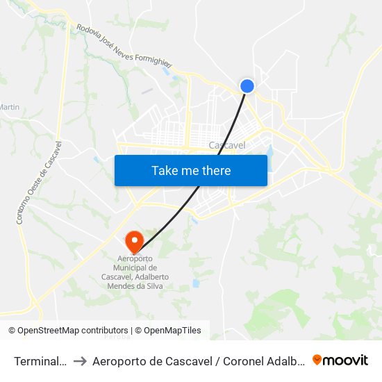 Terminal Urbano Nordeste to Aeroporto de Cascavel / Coronel Adalberto Mendes da Silva (CAC) (Aeroporto de Cascavel / Coronel Ad map