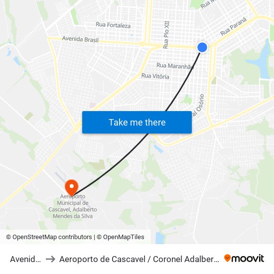 Avenida Brasil, 6250 to Aeroporto de Cascavel / Coronel Adalberto Mendes da Silva (CAC) (Aeroporto de Cascavel / Coronel Ad map