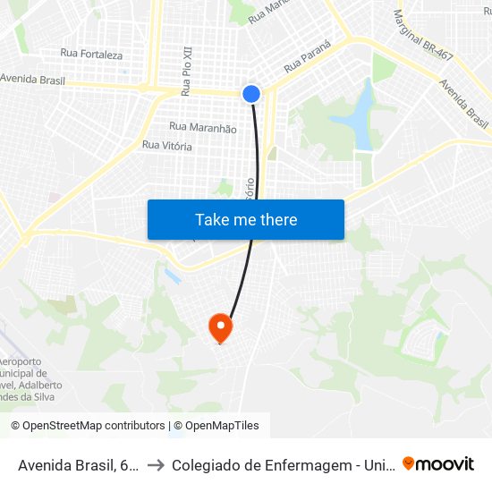 Avenida Brasil, 6250 to Colegiado de Enfermagem - Unioeste map