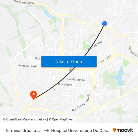 Terminal Urbano Nordeste to Hospital Universitário Do Oeste Do Paraná map