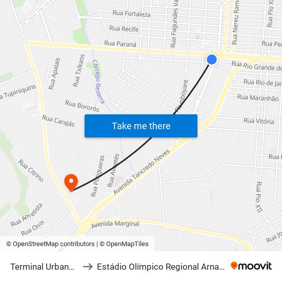 Terminal Urbano Oeste to Estádio Olímpico Regional Arnaldo Busatto map