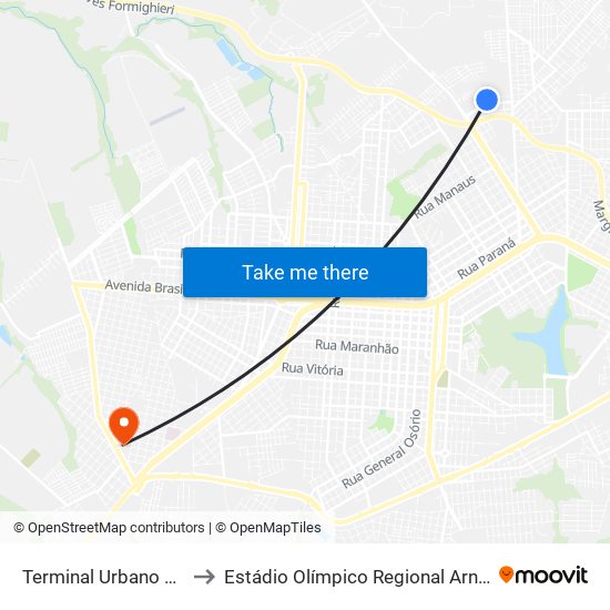 Terminal Urbano Nordeste to Estádio Olímpico Regional Arnaldo Busatto map