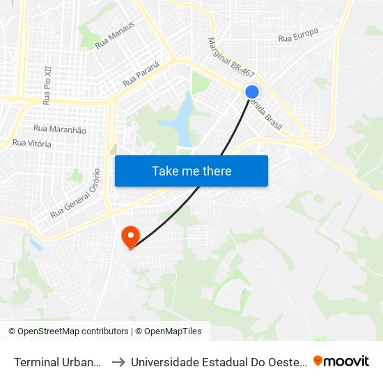 Terminal Urbano Leste to Universidade Estadual Do Oeste Do Paraná map