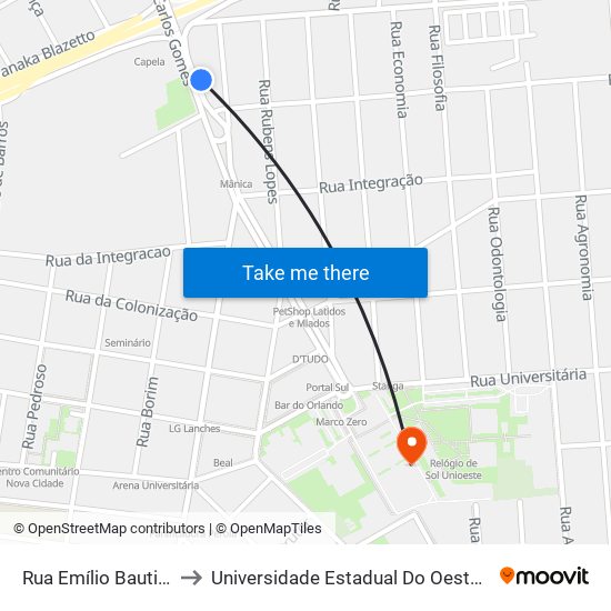 Rua Emílio Bautitz, 140 to Universidade Estadual Do Oeste Do Paraná map