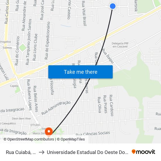 Rua Cuiabá, 260 to Universidade Estadual Do Oeste Do Paraná map