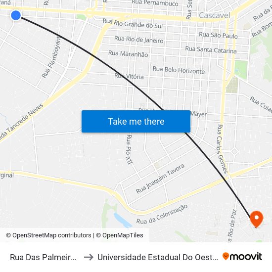 Rua Das Palmeiras, 4140 to Universidade Estadual Do Oeste Do Paraná map