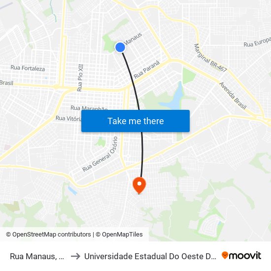 Rua Manaus, 1389 to Universidade Estadual Do Oeste Do Paraná map