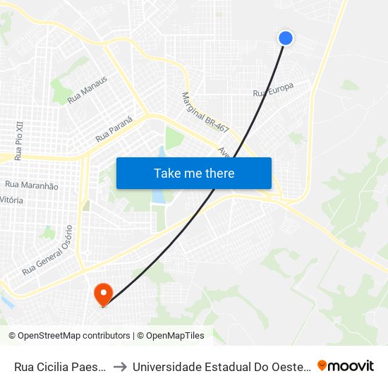 Rua Cicilia Paesi, 1157 to Universidade Estadual Do Oeste Do Paraná map