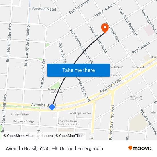 Avenida Brasil, 6250 to Unimed Emergência map