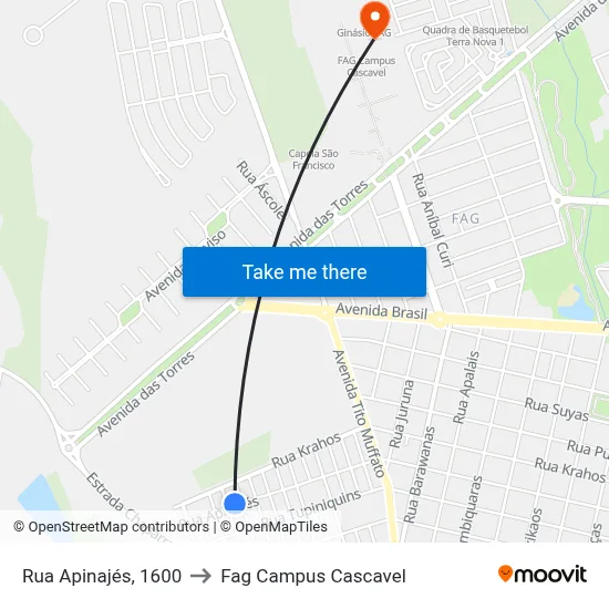 Rua Apinajés, 1600 to Fag Campus Cascavel map