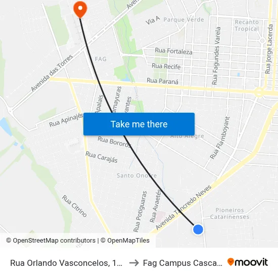 Rua Orlando Vasconcelos, 1237 to Fag Campus Cascavel map