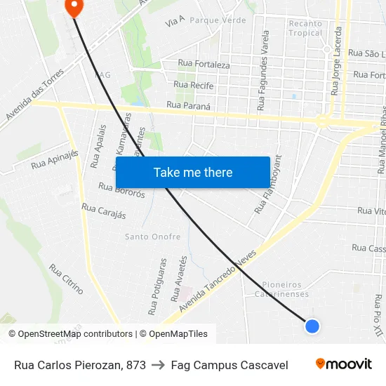 Rua Carlos Pierozan, 873 to Fag Campus Cascavel map