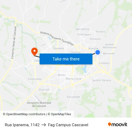 Rua Ipanema, 1142 to Fag Campus Cascavel map