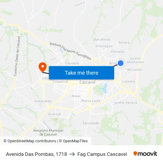 Avenida Das Pombas, 1718 to Fag Campus Cascavel map