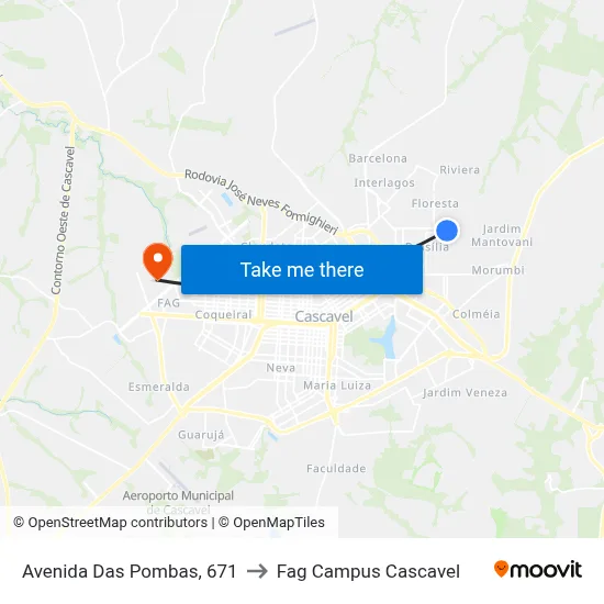 Avenida Das Pombas, 671 to Fag Campus Cascavel map