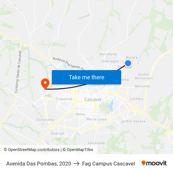 Avenida Das Pombas, 2020 to Fag Campus Cascavel map