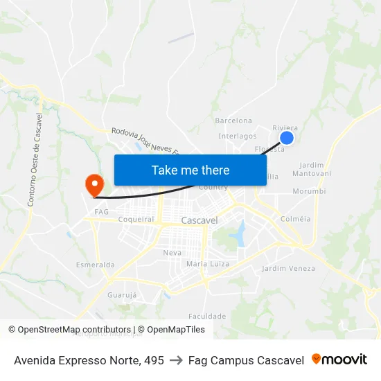 Avenida Expresso Norte, 495 to Fag Campus Cascavel map