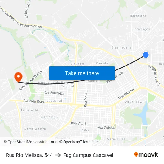 Rua Rio Melissa, 544 to Fag Campus Cascavel map