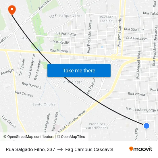 Rua Salgado Filho, 337 to Fag Campus Cascavel map
