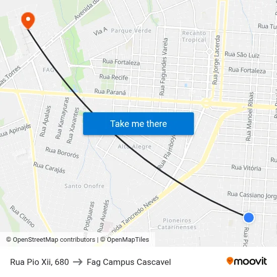 Rua Pio Xii, 680 to Fag Campus Cascavel map