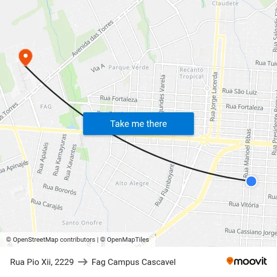 Rua Pio Xii, 2229 to Fag Campus Cascavel map