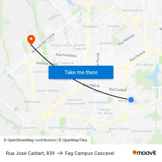 Rua José Caldart, 839 to Fag Campus Cascavel map